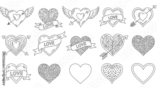 Set of artistic doodle heart illustrations with love banners, arrows, and wings, isolated white background