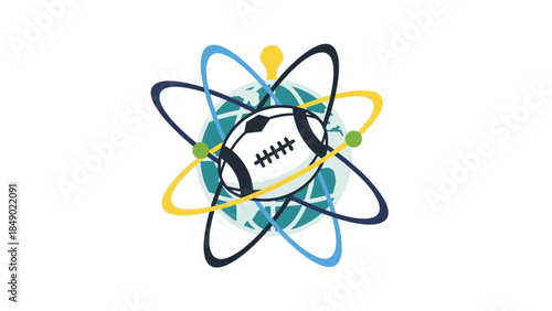 Rugby ball within an abstract atomic structure, isolated white background