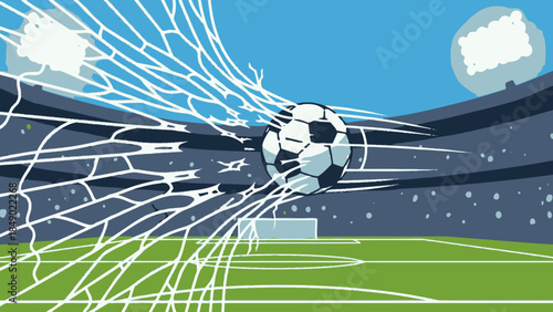A vector illustration of a soccer ball kick toward the goal net on a grunge stadium field background, symbolizing a competitive football championship game design with light and art