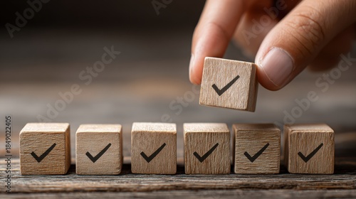 Hand selecting wooden block with check mark