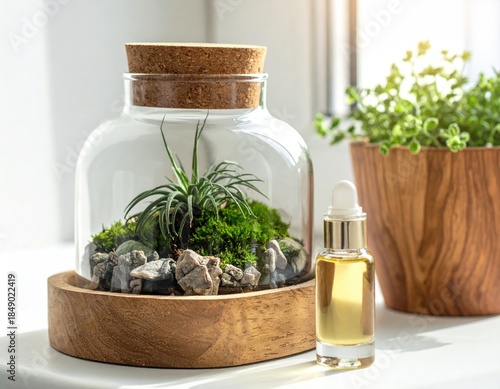 Green terrarium, oil bottle, and plant pot on sill