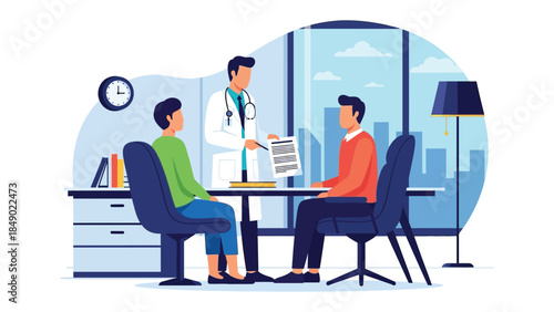 Doctor's Consultation: A patient consults a doctor about their health concerns, the doctor attentively reviews the patient's medical records to provide the best treatment