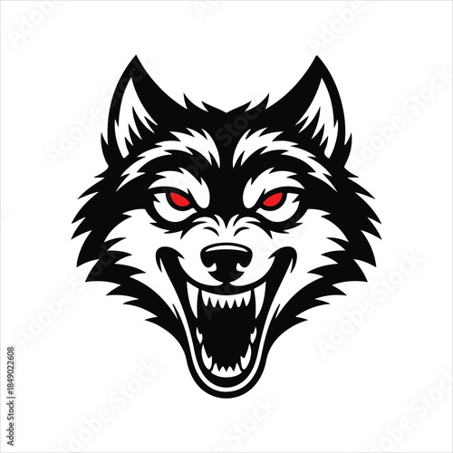 Black and white wolf head illustration with fierce expression vector illustration. Bold black and white wolf head graphic vector of fierce 