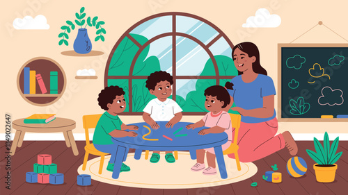 colorful illustration of teacher guiding children in classroom with creative learning activities, education, teamwork and school concept