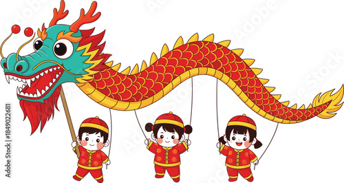 Vector illustration of children in traditional clothing performing a Chinese New Year dragon dance with a long red and gold decorative dragon.