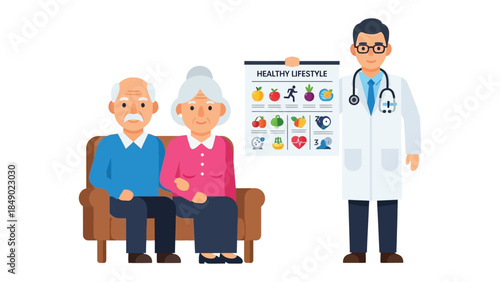 Healthy Lifestyle Guide: A doctor presents an elderly couple with a Healthy Lifestyle chart, emphasizing the importance of well-being in their golden years, promoting a path towards vitality.
