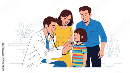 Health check for a child: A kind doctor checks a young girl's chest using a stethoscope with both parents present in a supportive role. Illustrates a reassuring experience