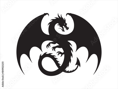 Winged Dragon Silhouette Emblem. Dragon silhouette vector, flying dragon pose, mythical creature icon, fantasy beast illustration