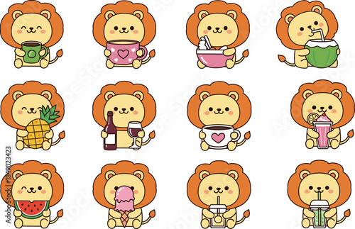 Adorable vector set of twelve cute kawaii lion characters enjoying diverse snacks and drinks including coffee, fruit, ice cream, and bubble tea for playful designs.