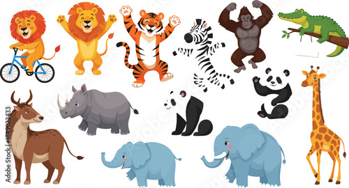Comprehensive vector set featuring thirteen playful animal characters in active poses including a lion on a bicycle, jumping tiger, and dancing zebra for kids.