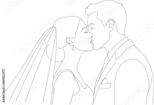 Minimalist line art of a bride and groom sharing a kiss on their wedding day