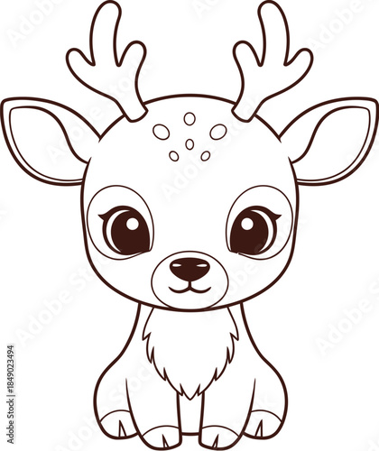 Adorable cartoon deer with big eyes sitting on a cream colored background