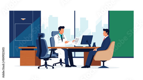 Doctor's Consultation: A patient consults with a doctor in a modern office, the doctor reviewing records, symbolizing healthcare and professional interaction.