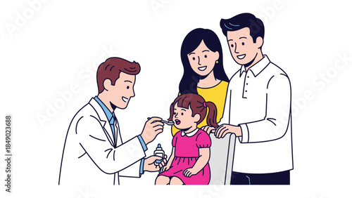 Health Check: A caring doctor provides a health checkup to a young girl. While a supportive family looks on, capturing trust and care in a medical setting.