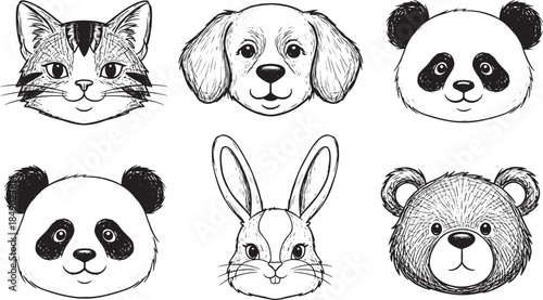 Cute Animal Head Portrait Sketch Set Including Cat Dog Panda Rabbit and Bear for Pet Shop Nursery Decor and Child Friendly Character Illustration