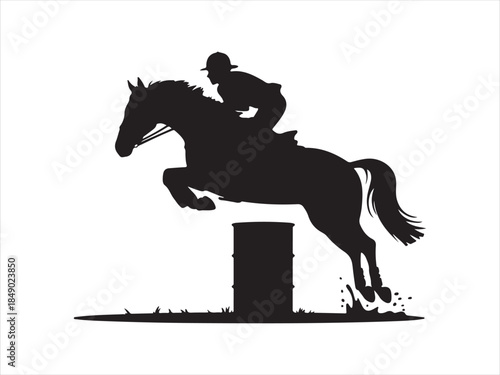 Equestrian show jumping silhouettes vector , Vector illustration silhouette of a horse and rider elegantly jumping over an obstacle design