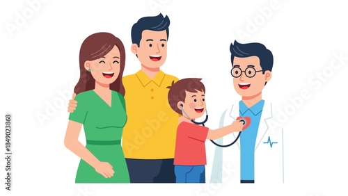 Healthy Family Checkup: A cheerful illustration of a happy family, undergoing a routine health checkup with a friendly doctor, depicting wellness and preventive care.