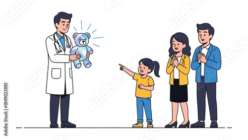 Caring Embrace: A physician, his face beaming with a gentle smile, presents a cherished teddy bear to a young patient, their eyes sparkling with hopeful anticipation.