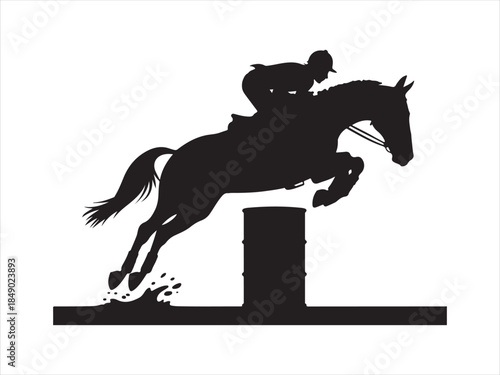 Equestrian show jumping silhouettes vector , Vector illustration silhouette of a horse and rider elegantly jumping over an obstacle design