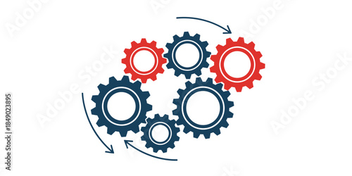 Linked Gear Wheels Mechanism Minimal Vector, Two Solid Colors, Mechanical Illustration