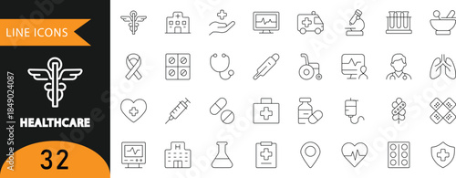 A set of 32 minimalist healthcare and medical line icons featuring hospital, laboratory, and wellness symbols. Perfect for medical infographics, health app interfaces, and corporate wellness presentat