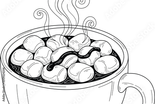 Hot chocolate with marshmallows in a mug illustration for coloring books