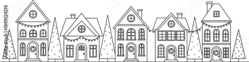 Festive christmas town illustration with decorated houses and christmas trees
