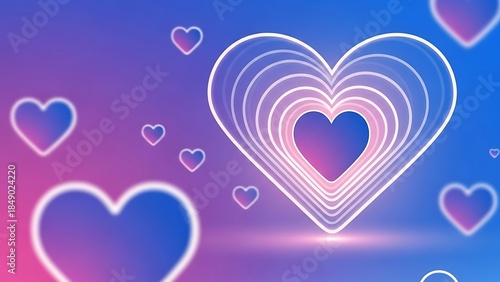 Glowing Neon Hearts Tunnel Background with Purple and Blue Gradient.