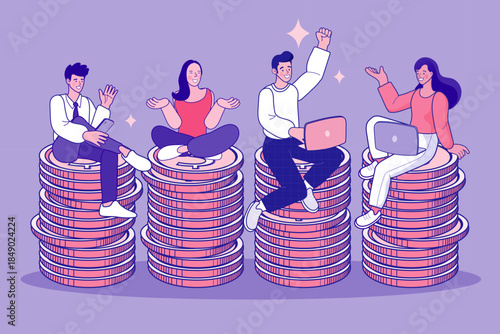 Business people team sitting on big stacks of gold coins. Financial success, investment profit, and wealth growth concept. Flat vector illustration for salary, bonus, and passive income.