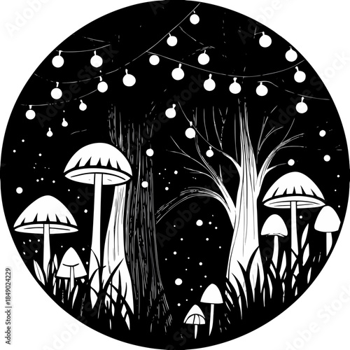 Vector illustration of a rainy autumn landscape and Halloween night featuring mushrooms under a colorful umbrella with cartoon clouds and water drops in a nature season pattern