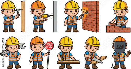 Multiple construction workers in different poses with tools and equipment
