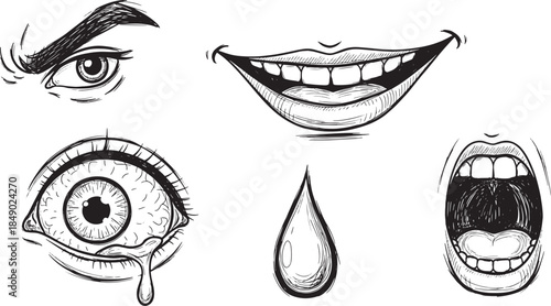 Hand Drawn Human Facial Expressions Sketch Set Including Smiling Mouth Crying Eye with Teardrop and Angry Look for Emotional Character Design