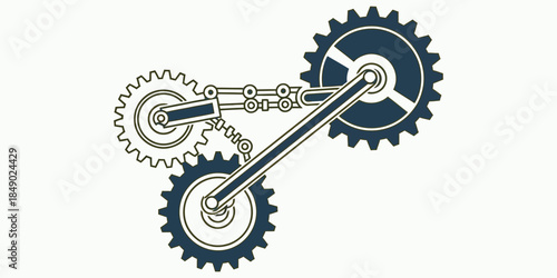 Linked Gear Wheels Mechanism Minimal Vector, Two Solid Colors, Mechanical Illustration