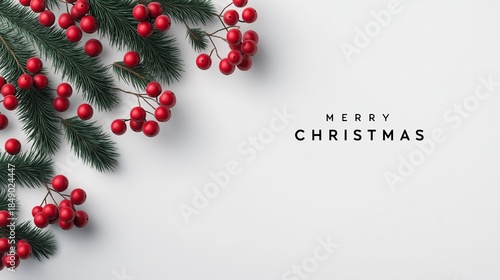 A minimalistic white Christmas card background with the text Merry Christmas, white tree branches, and red berries on the left side.