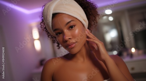 A beauty influencer applying a collagen-boosting sheet mask while filming a nighttime skincare routine, soft purple LEDs illuminating her vanity — digital beauty culture, skincare content creation,