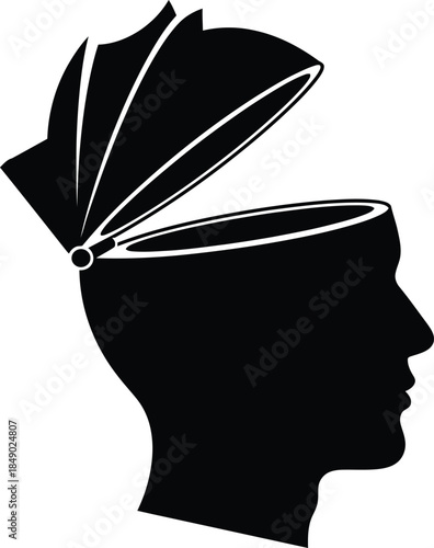 Black silhouette of a human head profile with an open top revealing a hinged lid on a white background