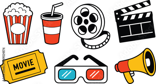 Colorful Retro Movie Theater Entertainment Icon Set with Popcorn Film Reel and Cinema Snacks Vector