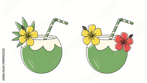 Coconut Tropical Cocktail with Hibiscus Flower and Straw Vector
