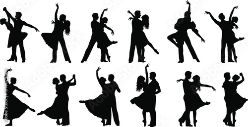 Silhouette collection of ballroom dancers, romantic couples dancing waltz and tango, elegant black figures on white background, vector illustration set for design projects