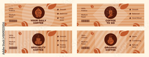 Retro Coffee To-Go Cup Label Set. Horizontal Vintage Templates for Takeaway Coffee Cups