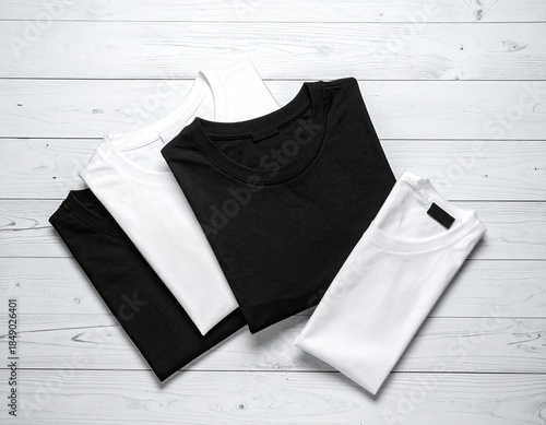 Folded t-shirts, black and white, on light wood