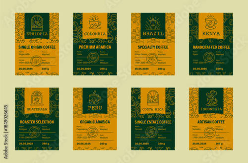 Coffee label Set. Food package templates with a minimalistic grid layout. Organic Arabica with text