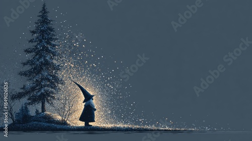 Gnome silhouette with glowing hat stands beside pine tree under starlit sky with copy space