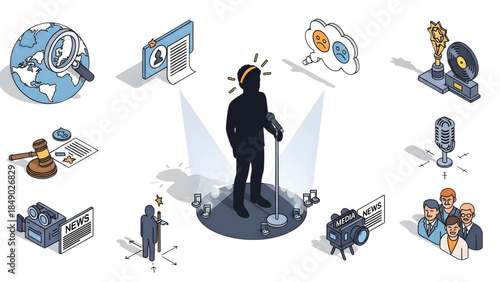 Conceptual illustration of a person in the spotlight surrounded by icons representing different forms of media, communication, and public recognition