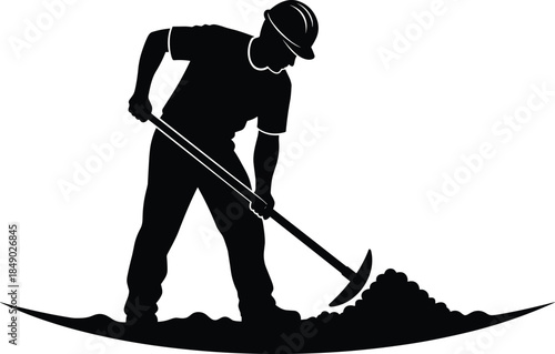 Silhouette of construction worker digging ground with pickaxe, man wearing safety helmet, manual labor concept, black and white vector illustration, mining industry logo