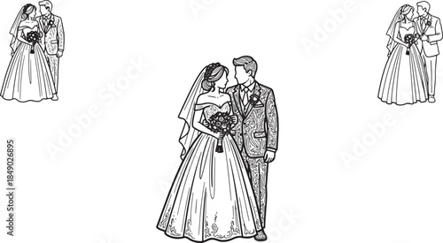 Classic Detailed Sketch of Wedding Couple Bride and Groom Standing Together in Elegant Attire for Romantic Marriage Anniversary and Bridal Fashion Design