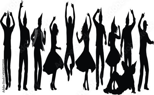 Dancing people silhouettes celebrating joy and freedom, energetic party crowd, music movement, social nightlife concept on white background
