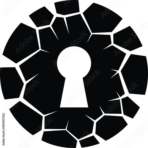 Black circular shape with a keyhole in the center and cracked outer edges on a white background lock