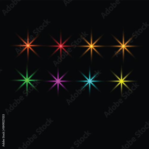Colorful glowing starburst light effects set on black background, vibrant neon sparkle flares, abstract energy beams, radiant symmetry, futuristic design elements for celebrations, technology, digital
