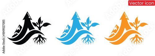 Vibrant mountain growth icons in black, blue, and orange colors